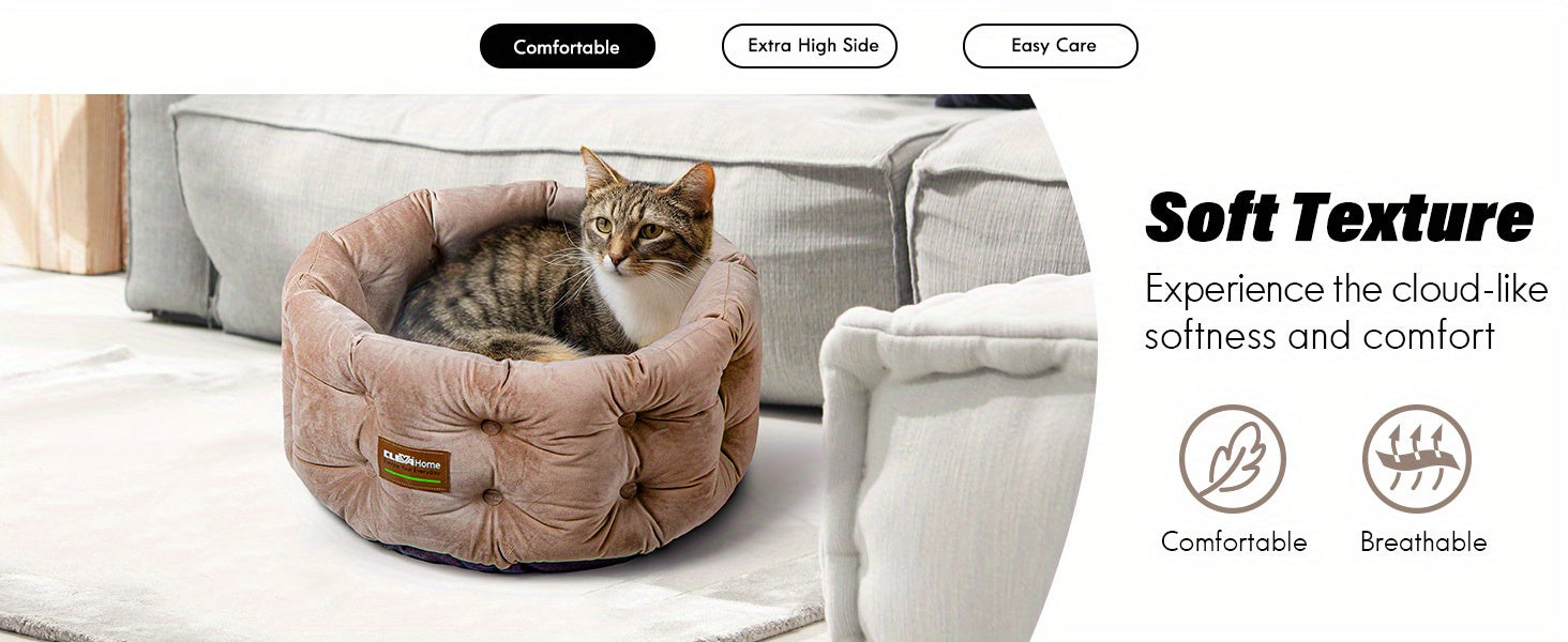 ClevaHome Deep Nest Cat Bed for Small Pets up to 15lbs - Round Cat Beds for Indoor Cats, Luxurious Velvet Feel, Extra High Sides, Machine Washable Comfort Pet Bed with Non-Slip Bottom