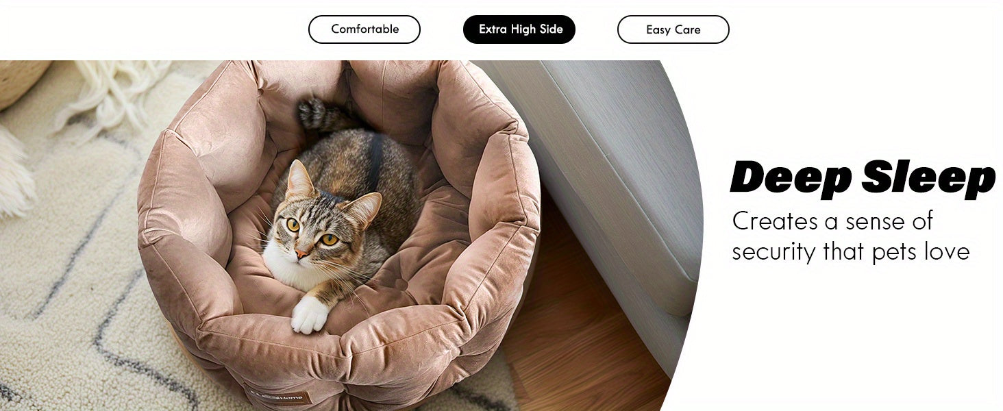 ClevaHome Deep Nest Cat Bed for Small Pets up to 15lbs - Round Cat Beds for Indoor Cats, Luxurious Velvet Feel, Extra High Sides, Machine Washable Comfort Pet Bed with Non-Slip Bottom