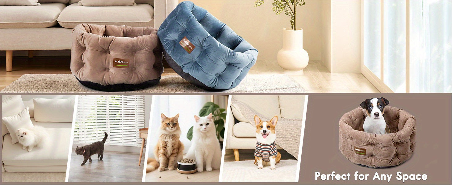 ClevaHome Deep Nest Cat Bed for Small Pets up to 15lbs - Round Cat Beds for Indoor Cats, Luxurious Velvet Feel, Extra High Sides, Machine Washable Comfort Pet Bed with Non-Slip Bottom
