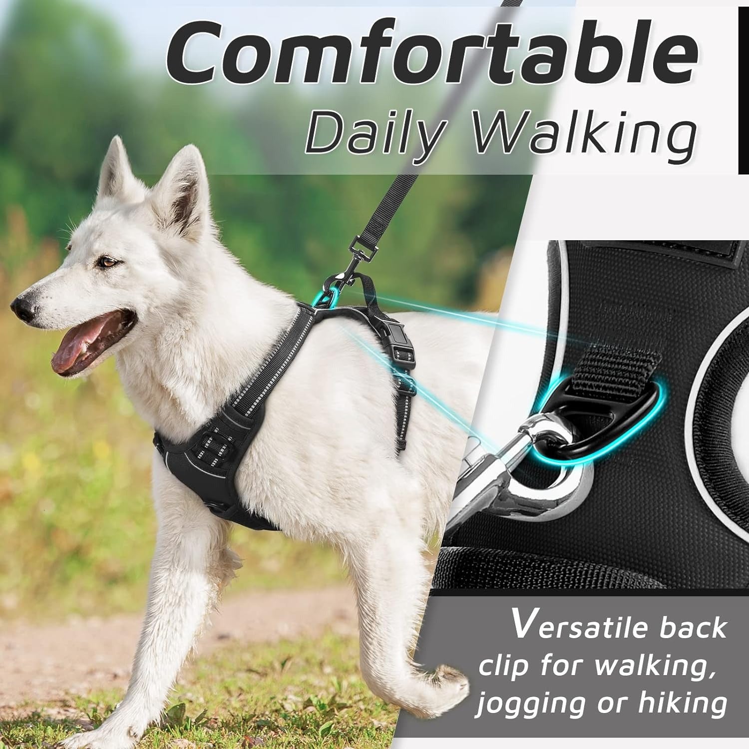 1pc Escape-Proof Dog Harness, Reflective No-Pull Pet Harness with 2 Metal Rings and Easy Control Handle, Adjustable and Comfortable Soft Padded Dog Vest for Easy Walking, Black