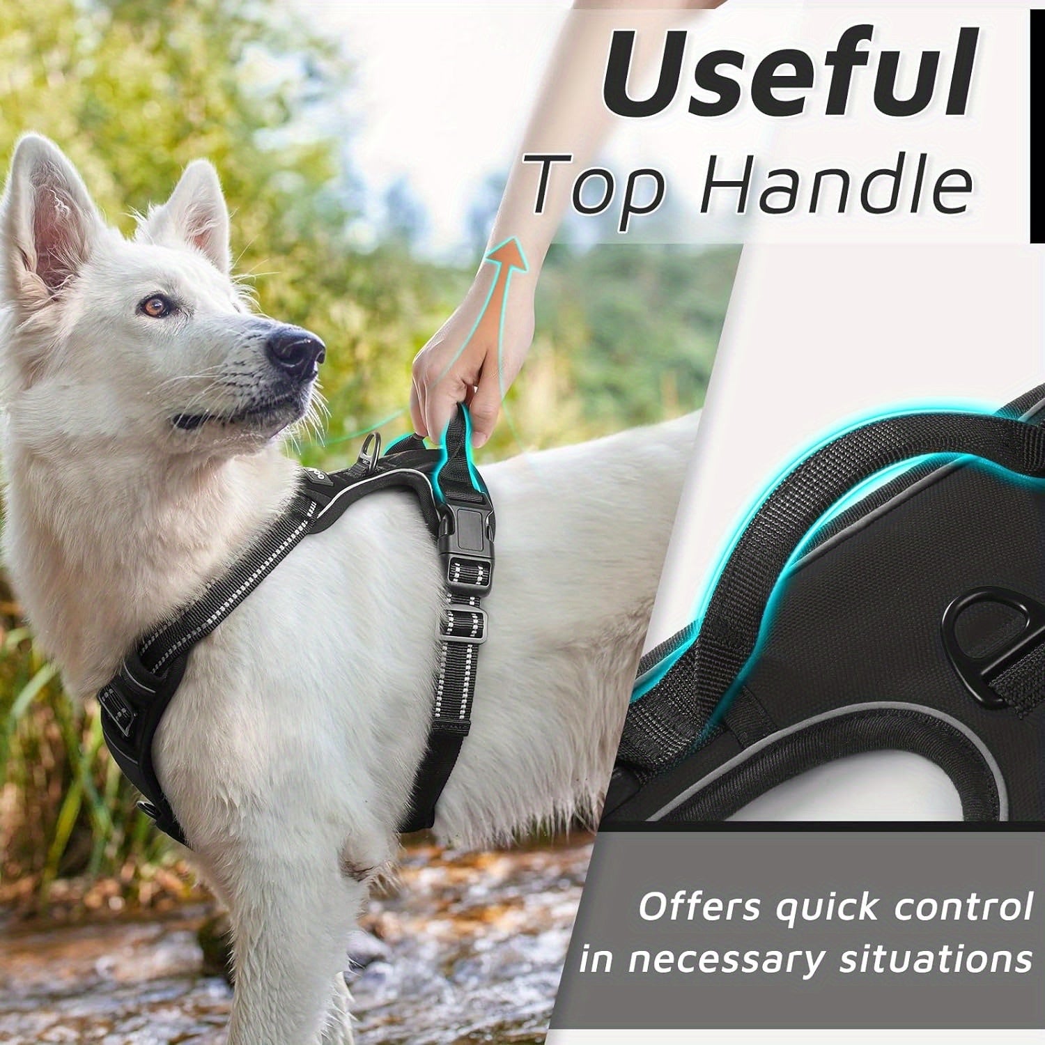 1pc Escape-Proof Dog Harness, Reflective No-Pull Pet Harness with 2 Metal Rings and Easy Control Handle, Adjustable and Comfortable Soft Padded Dog Vest for Easy Walking, Black