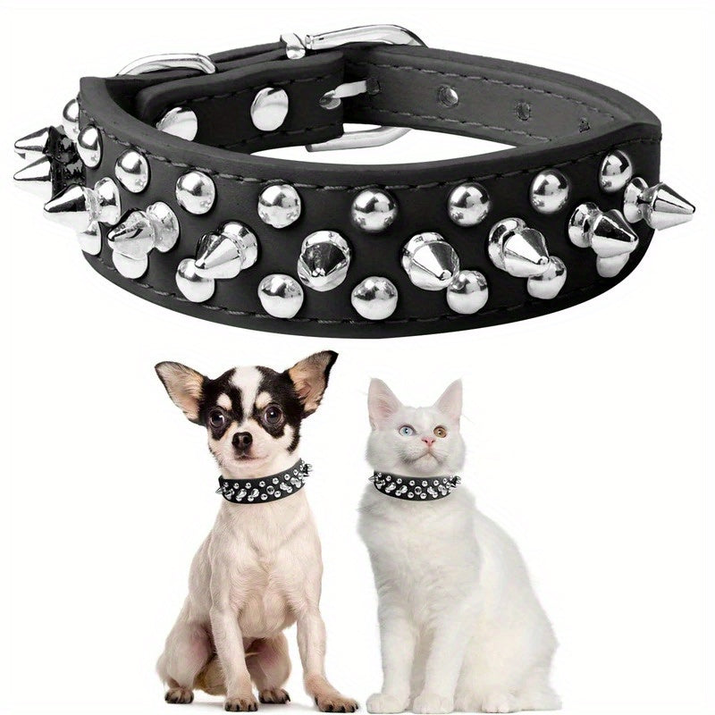 Adjustable Spiked Rivet Faux Leather Dog Collar - Punk Style Polka Dot Pet Collar for Small Dogs and Cats