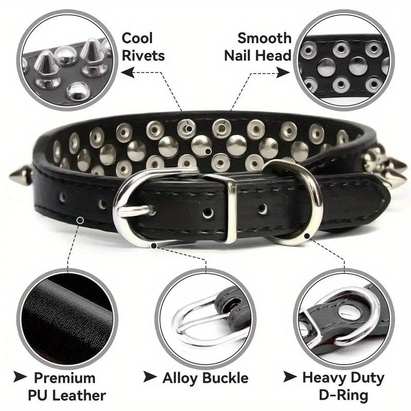 Adjustable Spiked Rivet Faux Leather Dog Collar - Punk Style Polka Dot Pet Collar for Small Dogs and Cats