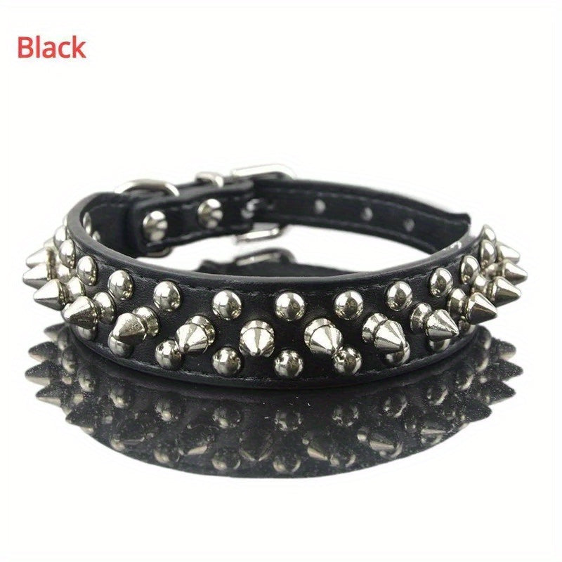Adjustable Spiked Rivet Faux Leather Dog Collar - Punk Style Polka Dot Pet Collar for Small Dogs and Cats