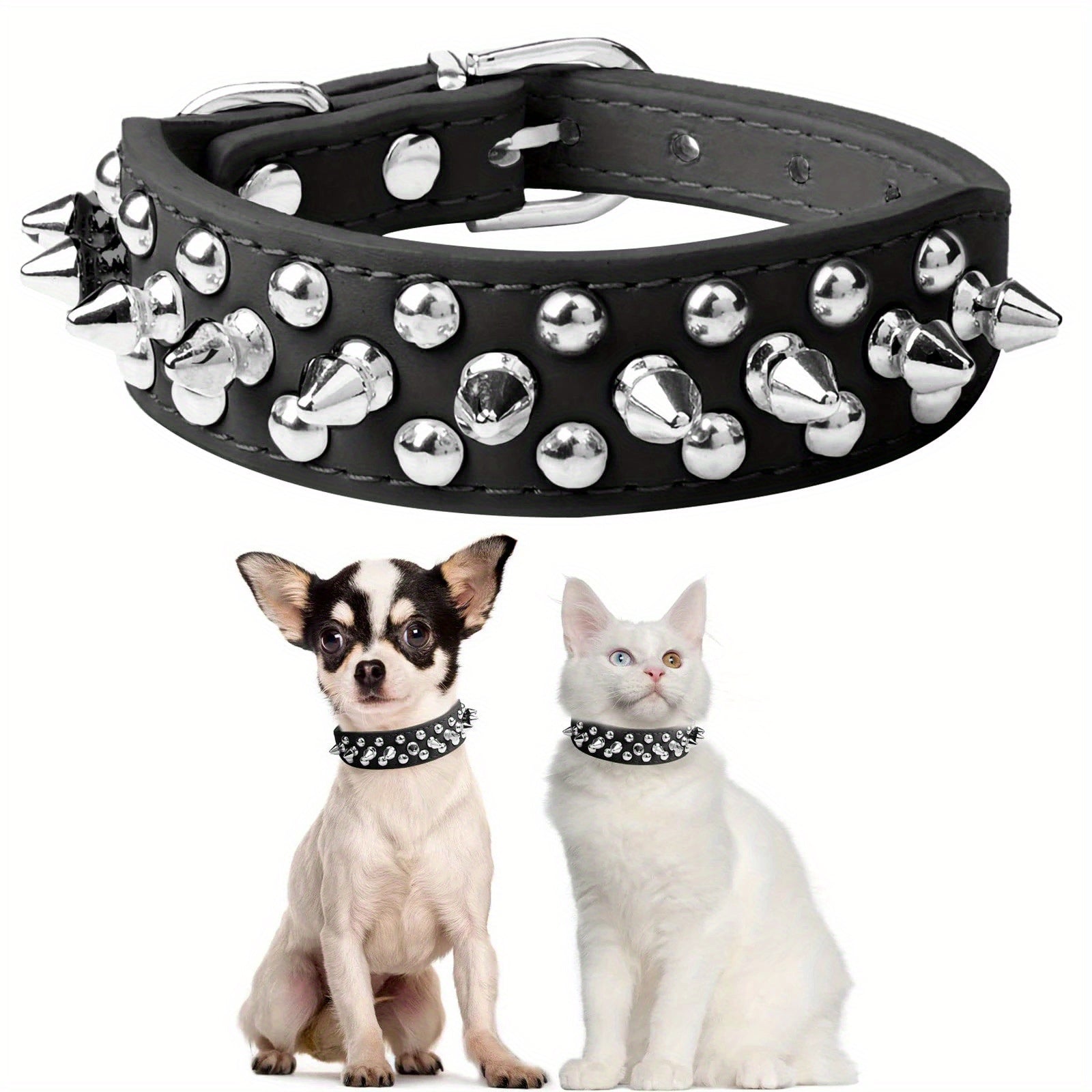 Adjustable Spiked Rivet Faux Leather Dog Collar - Punk Style Polka Dot Pet Collar for Small Dogs and Cats
