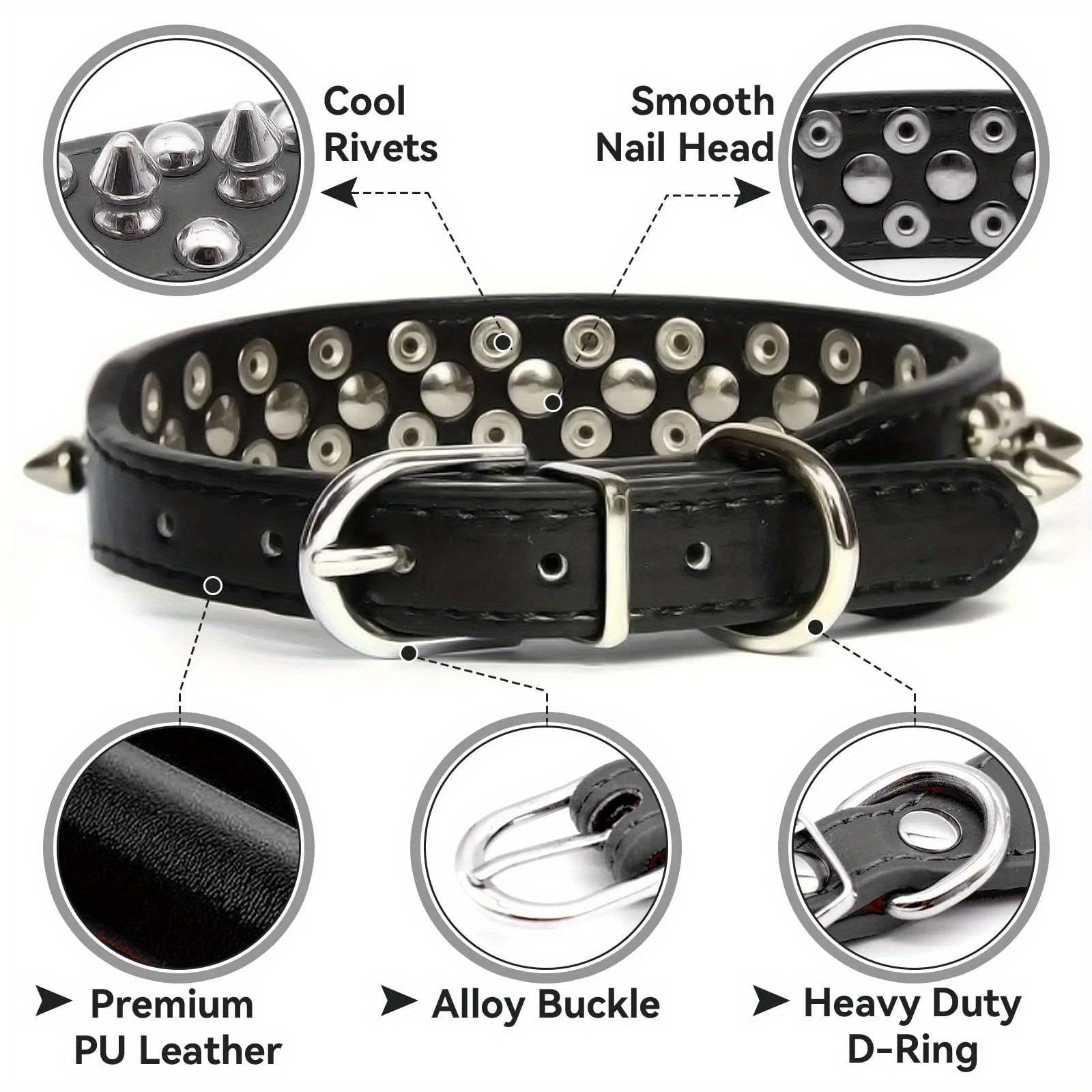 Adjustable Spiked Rivet Faux Leather Dog Collar - Punk Style Polka Dot Pet Collar for Small Dogs and Cats