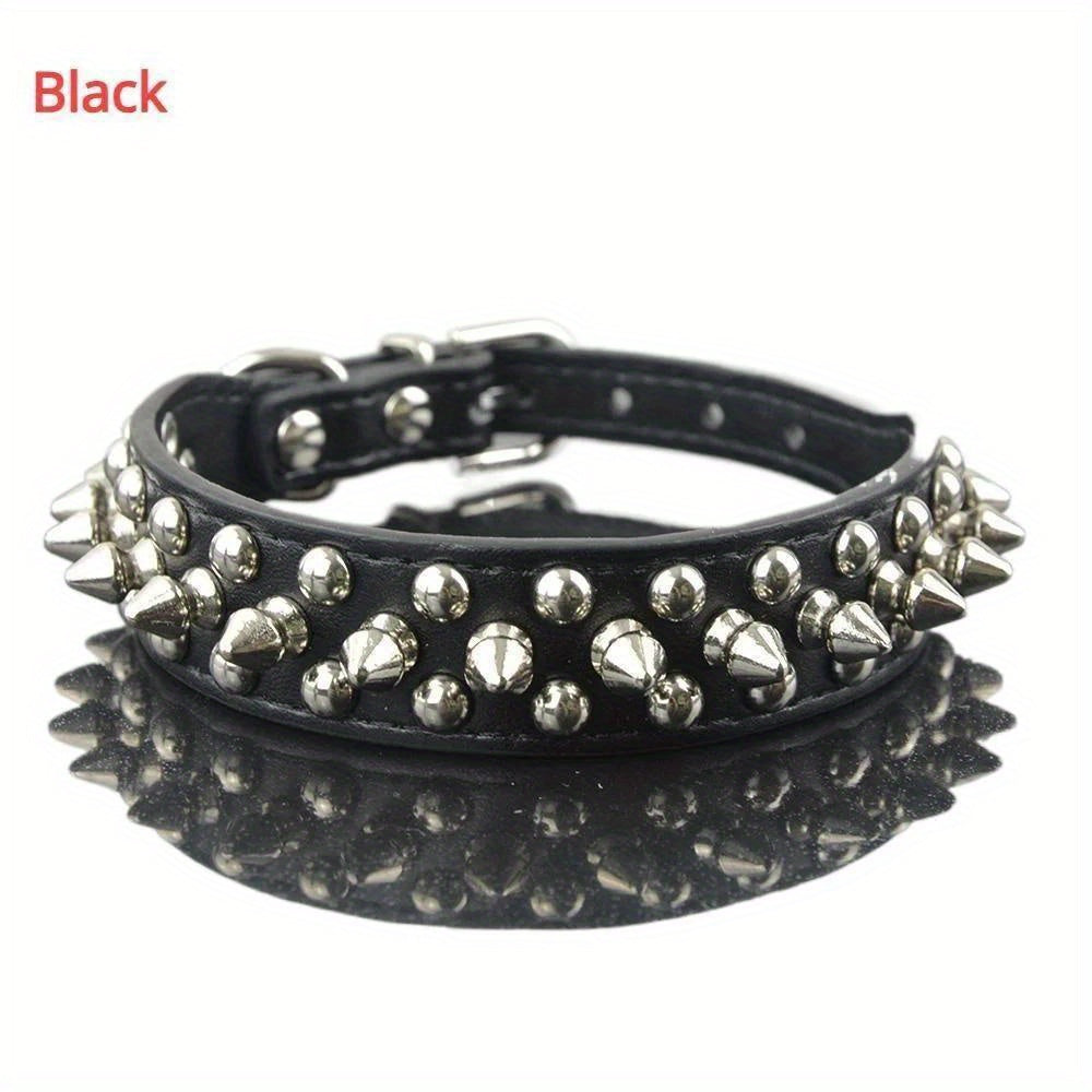 Adjustable Spiked Rivet Faux Leather Dog Collar - Punk Style Polka Dot Pet Collar for Small Dogs and Cats