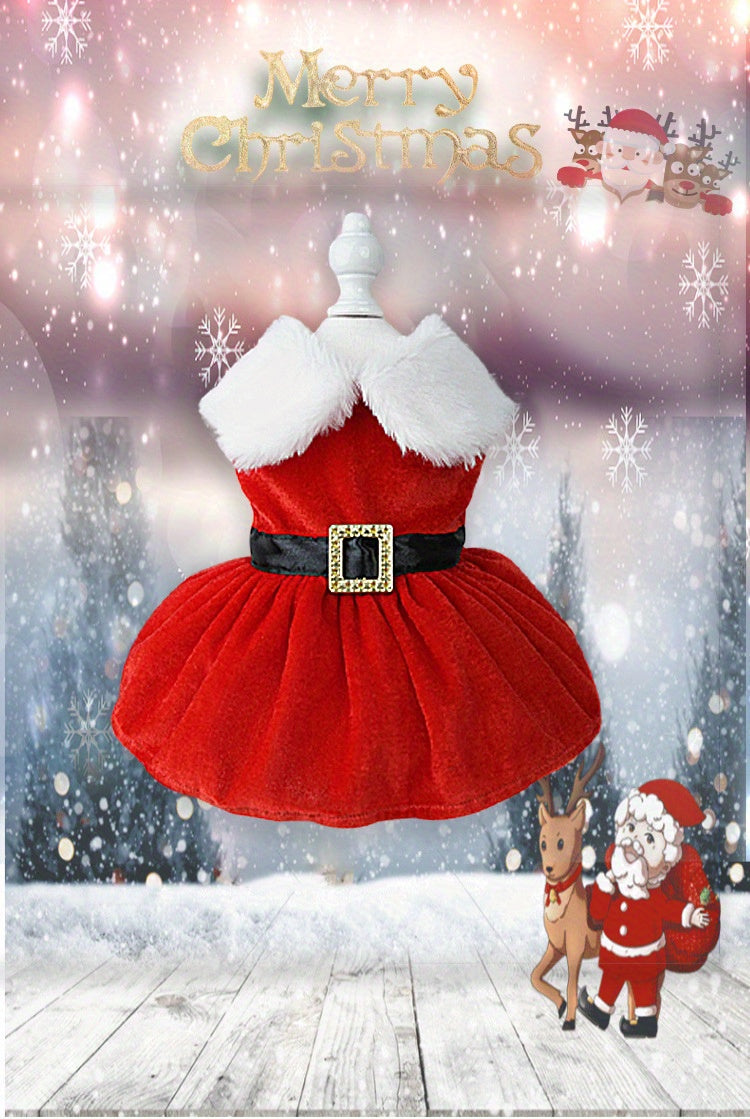Festive Red Velvet Christmas Dog Dress with Belt - Cozy Winter Pet Apparel for Small to Medium Breeds