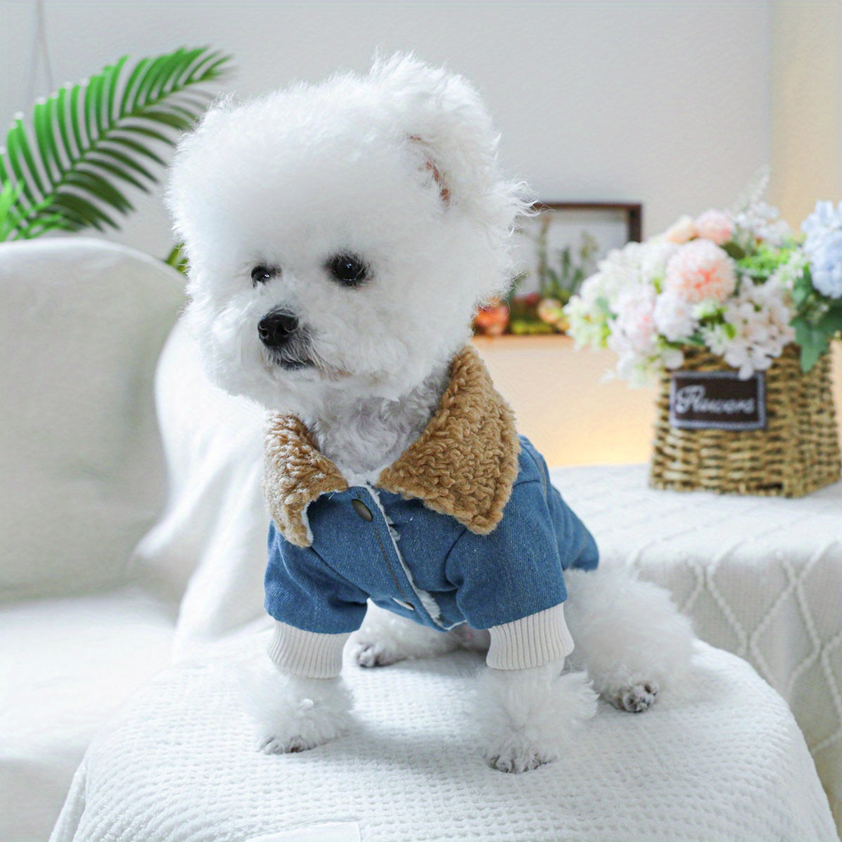 Small Breeds Fleece-Lined Cozy Denim Dog Jacket - Winter Warmth for Pomeranians & Teddy, Cute Pet Apparel