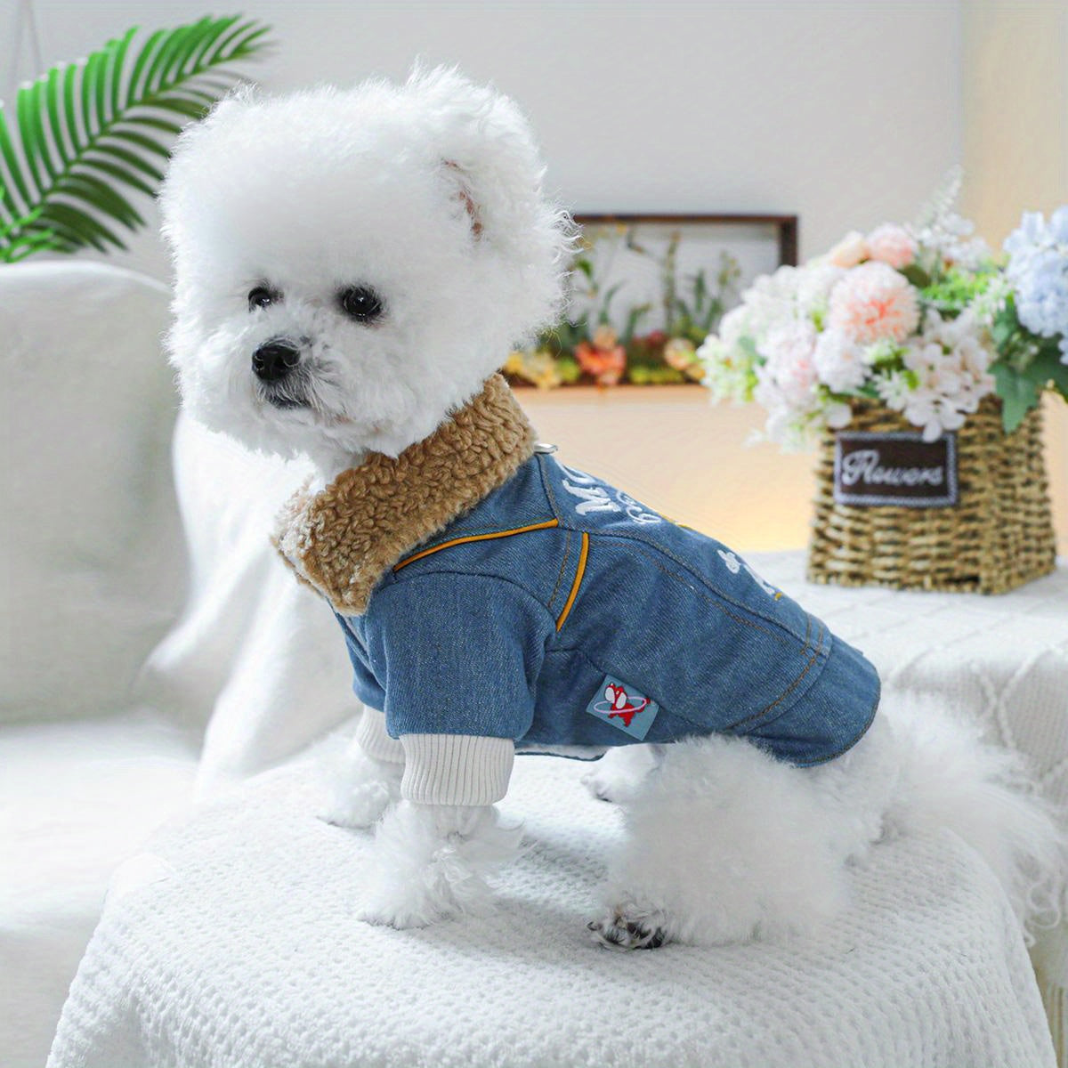Small Breeds Fleece-Lined Cozy Denim Dog Jacket - Winter Warmth for Pomeranians & Teddy, Cute Pet Apparel