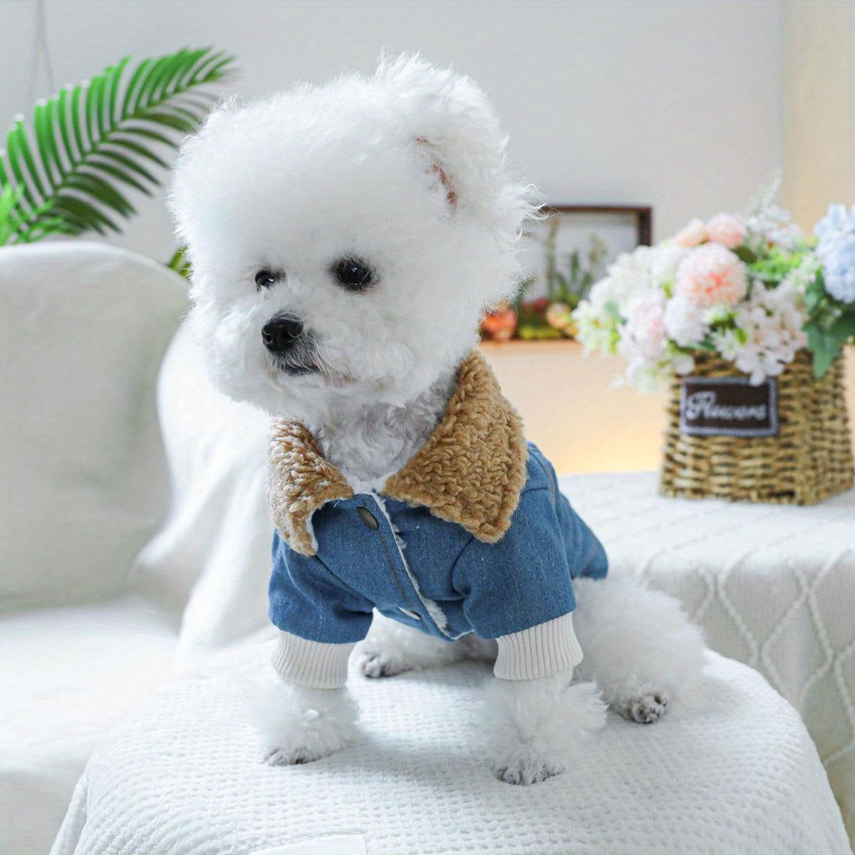 Small Breeds Fleece-Lined Cozy Denim Dog Jacket - Winter Warmth for Pomeranians & Teddy, Cute Pet Apparel