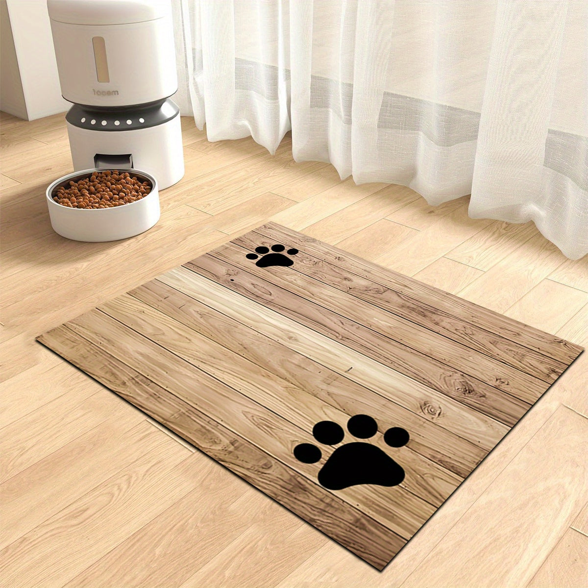 1pc Wooden Board Cat Footprint Pet Feeding Mat, Polyester Material Pet Feeding Floor Mat, Non-slip Quick-drying Absorbent Floor Mat, Cat Dog Food and Water Bowl Mat, Dog Water Dispenser Mat, Cat Dog Accessories Pet Supplies,