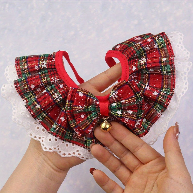 Christmas Pet Collar with Bell, Elegant Lace Dog Scarf, Polyester Knit, Adjustable Rope Neck, for Medium, Large, Small, and Tiny Breeds