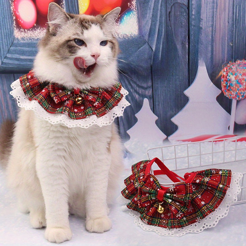 Christmas Pet Collar with Bell, Elegant Lace Dog Scarf, Polyester Knit, Adjustable Rope Neck, for Medium, Large, Small, and Tiny Breeds