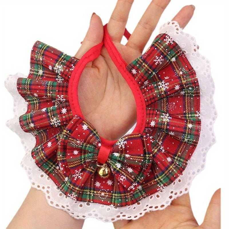 Christmas Pet Collar with Bell, Elegant Lace Dog Scarf, Polyester Knit, Adjustable Rope Neck, for Medium, Large, Small, and Tiny Breeds