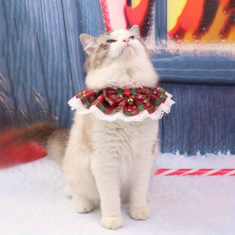 Christmas Pet Collar with Bell, Elegant Lace Dog Scarf, Polyester Knit, Adjustable Rope Neck, for Medium, Large, Small, and Tiny Breeds