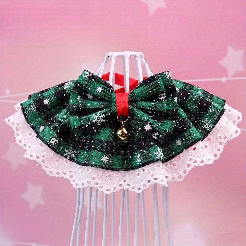 Christmas Pet Collar with Bell, Elegant Lace Dog Scarf, Polyester Knit, Adjustable Rope Neck, for Medium, Large, Small, and Tiny Breeds