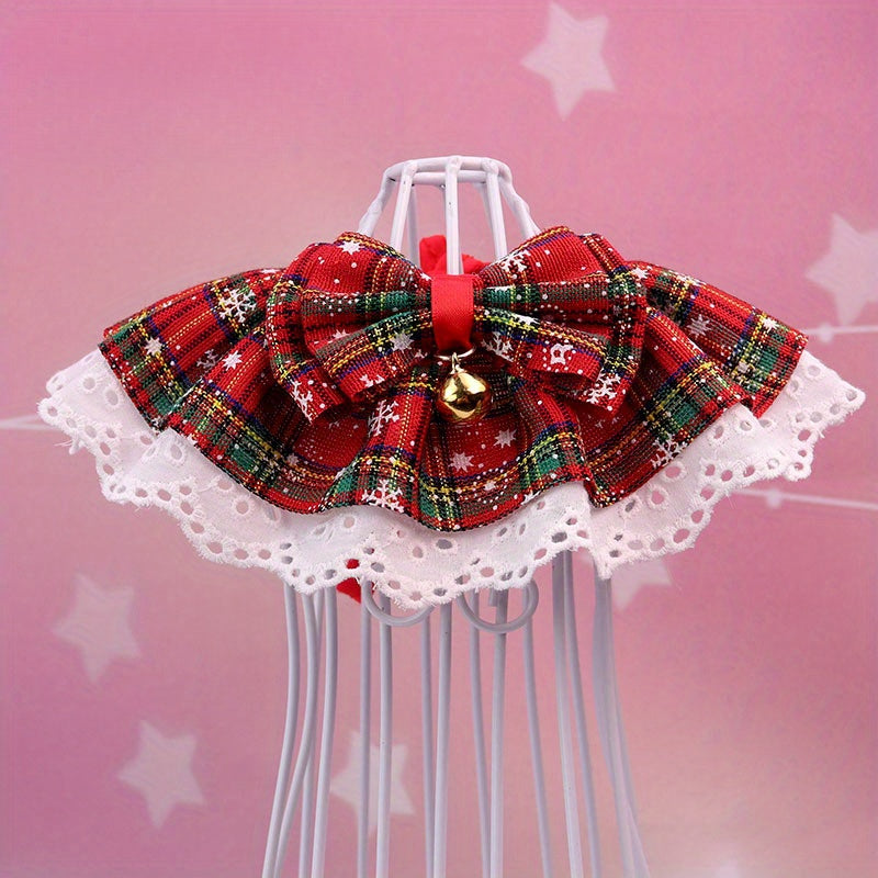 Christmas Pet Collar with Bell, Elegant Lace Dog Scarf, Polyester Knit, Adjustable Rope Neck, for Medium, Large, Small, and Tiny Breeds