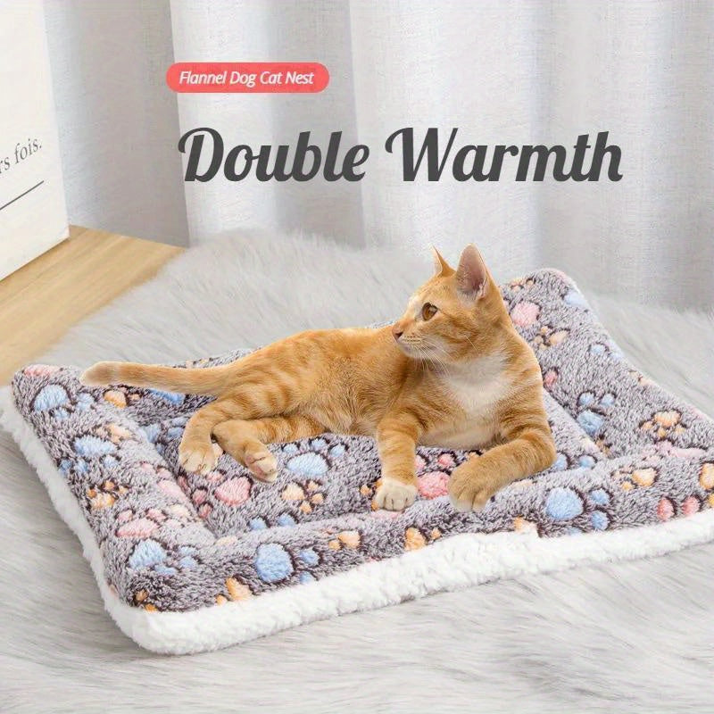 Reversible Plush Pet Bed for Cats & Small to Medium Dogs - Cozy Cartoon-Themed Flannel Mat, Machine Washable, Ideal for Winter Comfort, Plush Dog Bed