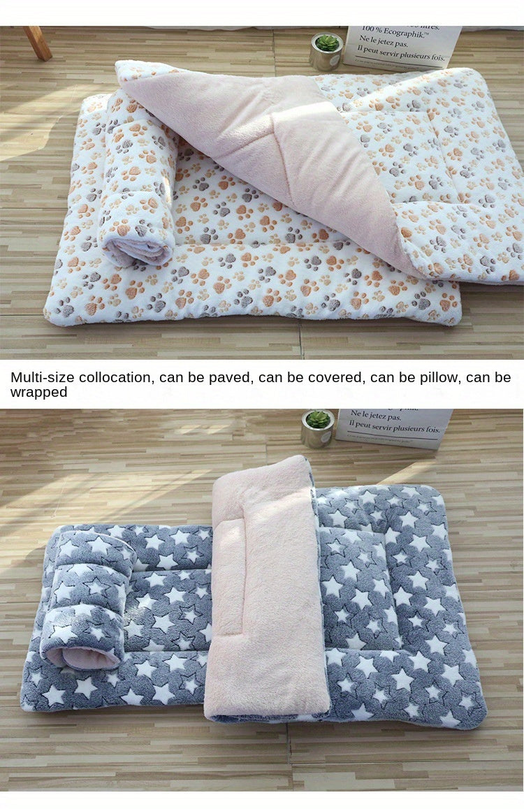 Reversible Plush Pet Bed for Cats & Small to Medium Dogs - Cozy Cartoon-Themed Flannel Mat, Machine Washable, Ideal for Winter Comfort, Plush Dog Bed