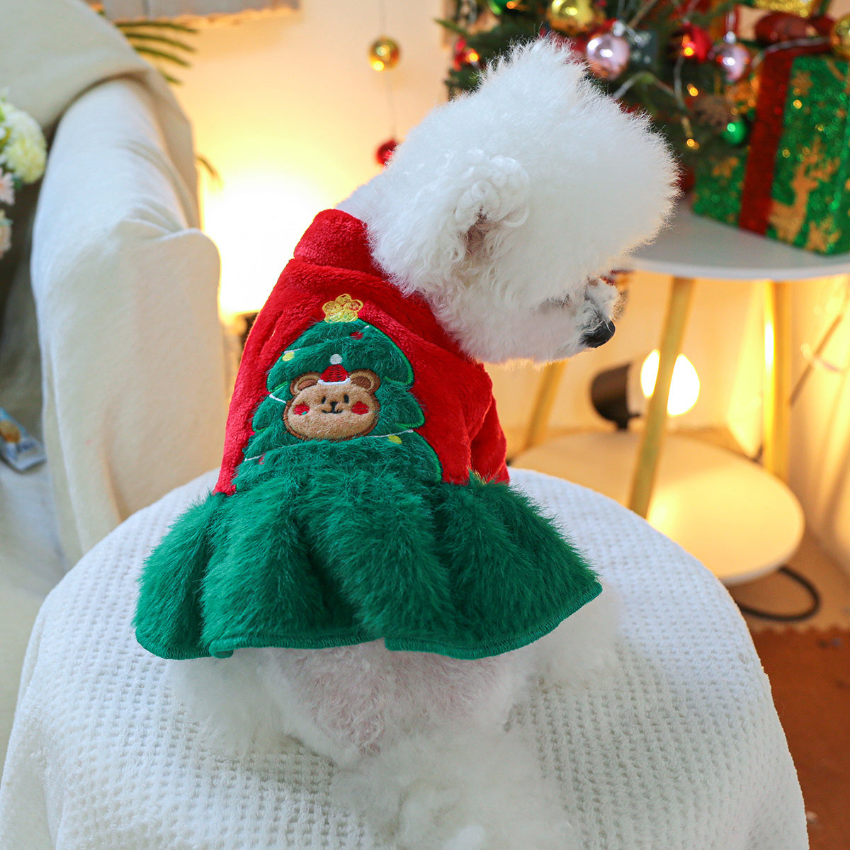 Cozy Fleece Christmas Tree Bear Dog Dress - Warm Princess Style Pet Apparel for Small Breeds, Easy Snap Closure