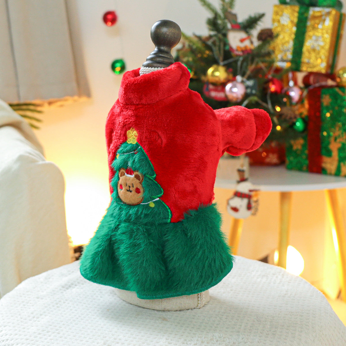 Cozy Fleece Christmas Tree Bear Dog Dress - Warm Princess Style Pet Apparel for Small Breeds, Easy Snap Closure