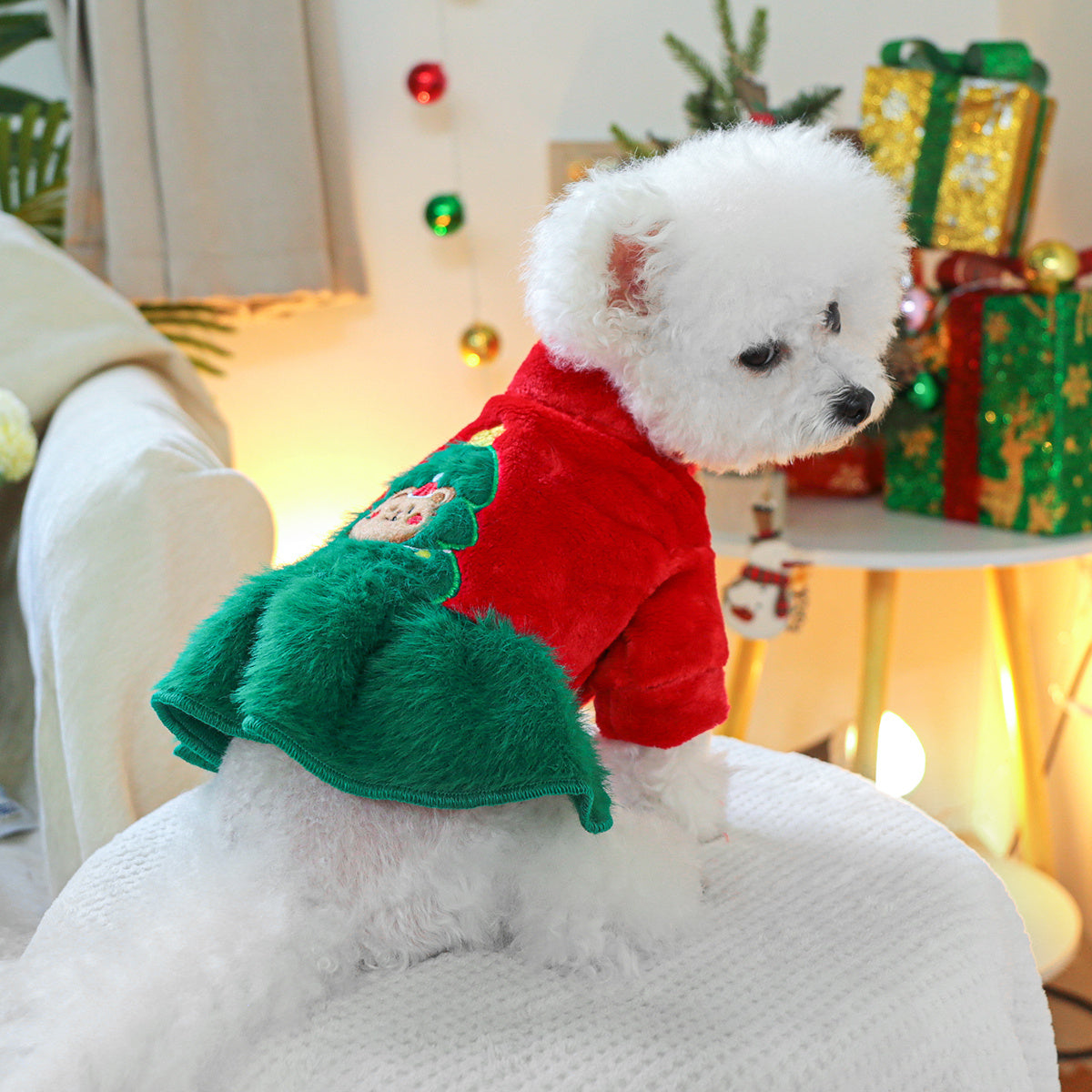 Cozy Fleece Christmas Tree Bear Dog Dress - Warm Princess Style Pet Apparel for Small Breeds, Easy Snap Closure
