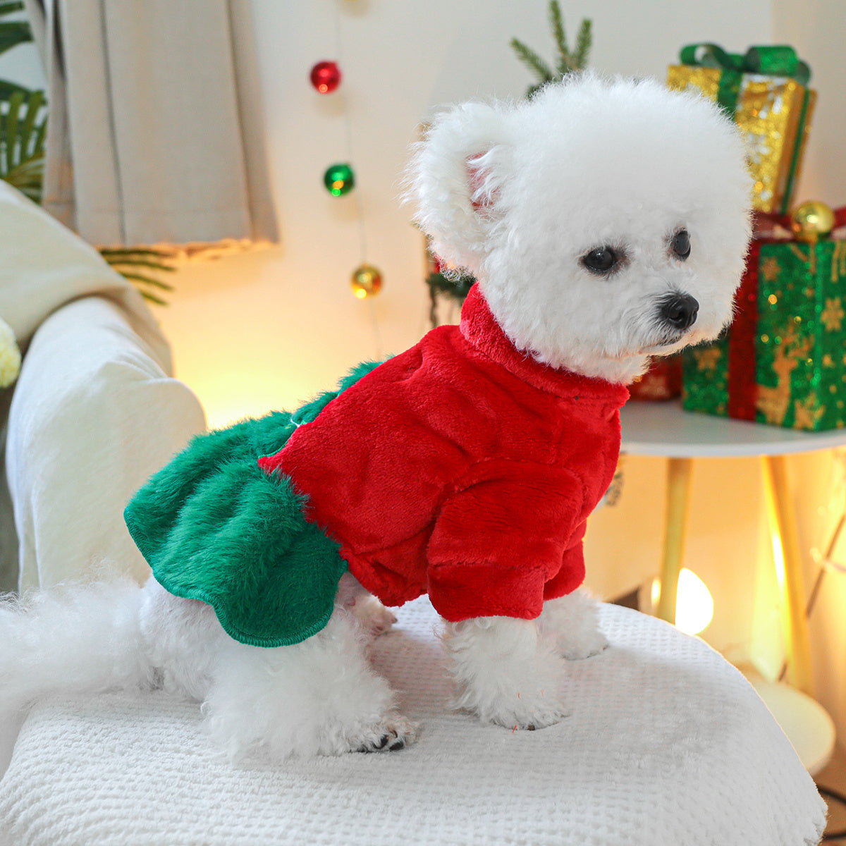Cozy Fleece Christmas Tree Bear Dog Dress - Warm Princess Style Pet Apparel for Small Breeds, Easy Snap Closure
