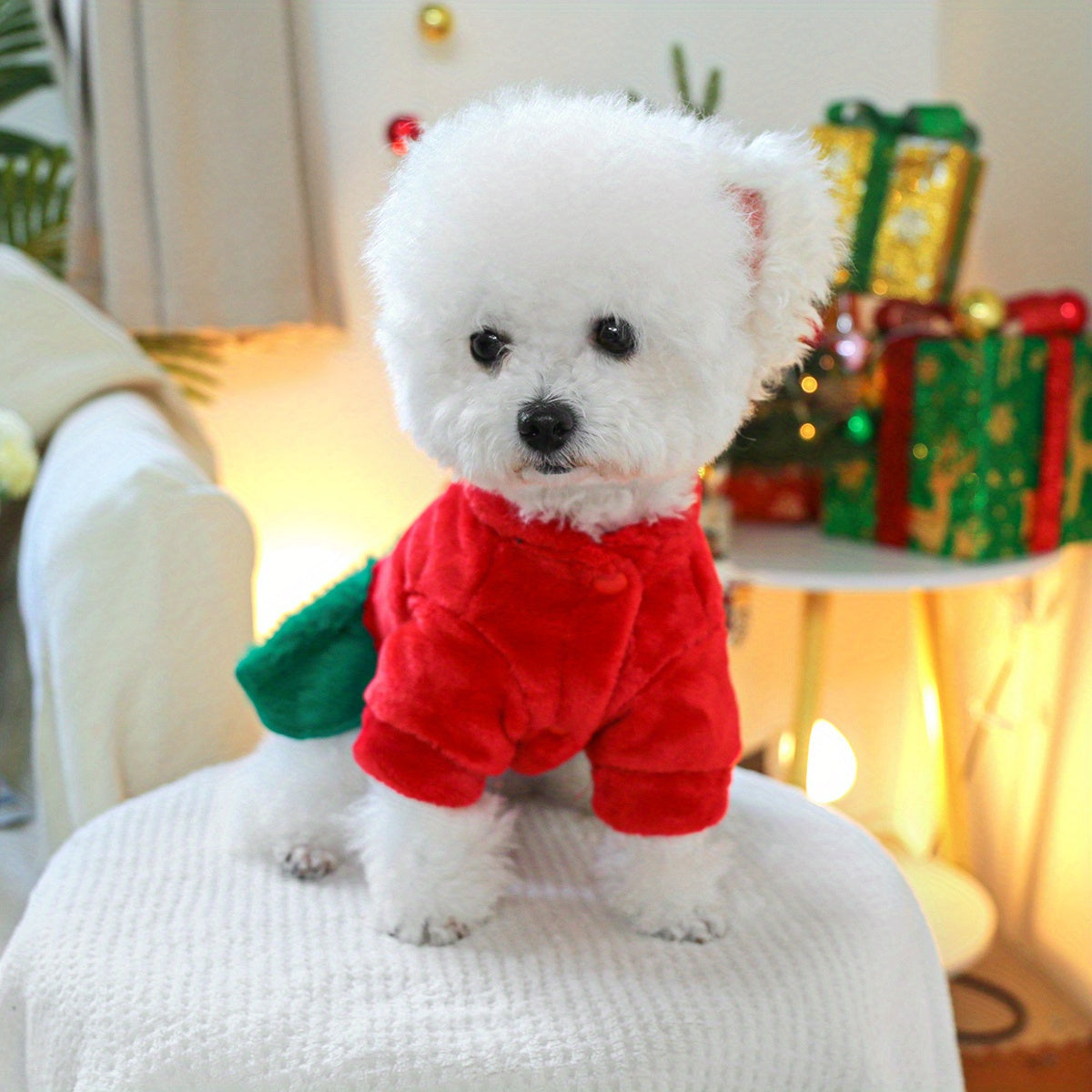 Cozy Fleece Christmas Tree Bear Dog Dress - Warm Princess Style Pet Apparel for Small Breeds, Easy Snap Closure
