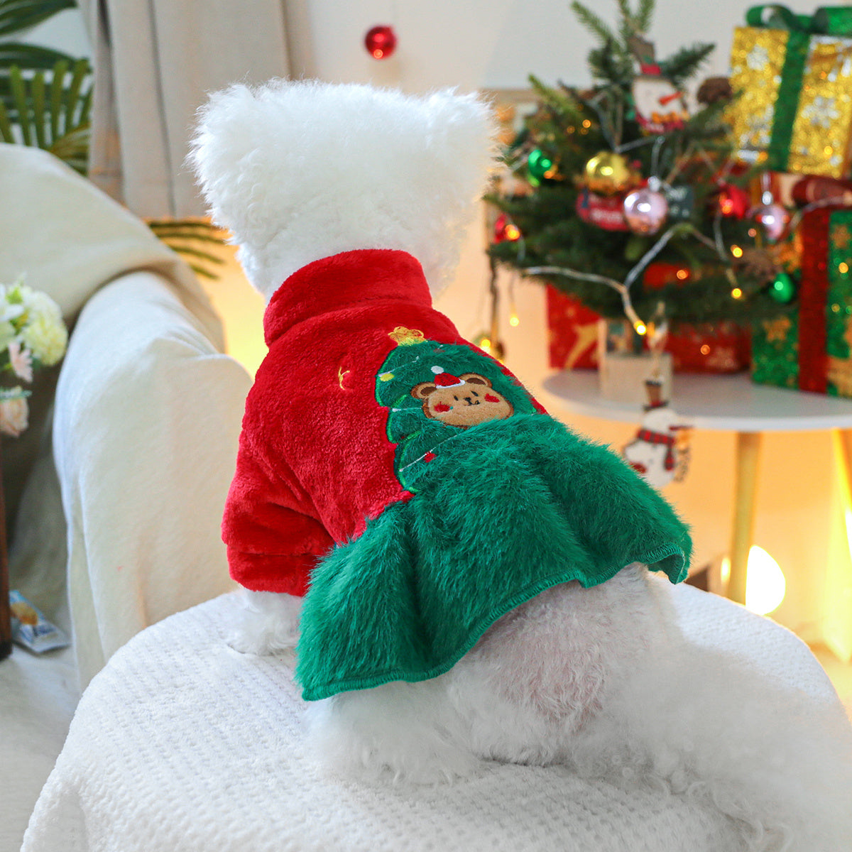 Cozy Fleece Christmas Tree Bear Dog Dress - Warm Princess Style Pet Apparel for Small Breeds, Easy Snap Closure