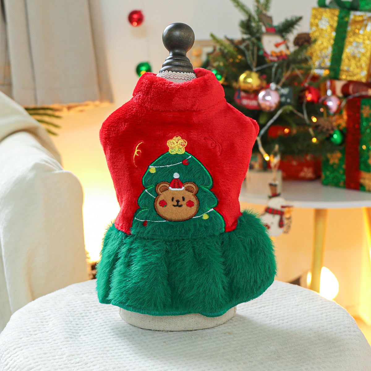 Cozy Fleece Christmas Tree Bear Dog Dress - Warm Princess Style Pet Apparel for Small Breeds, Easy Snap Closure