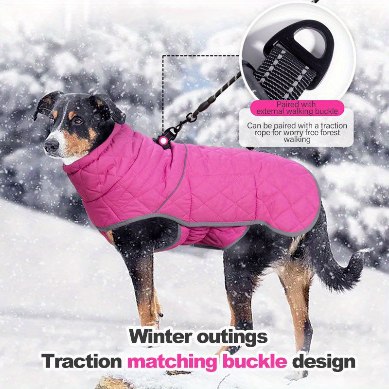 Waterproof Reflective Pink Fleece-Lined Dog Coat - Adjustable Cold-Resistant Pet Apparel with Leash Attachment - Ideal for All Breeds