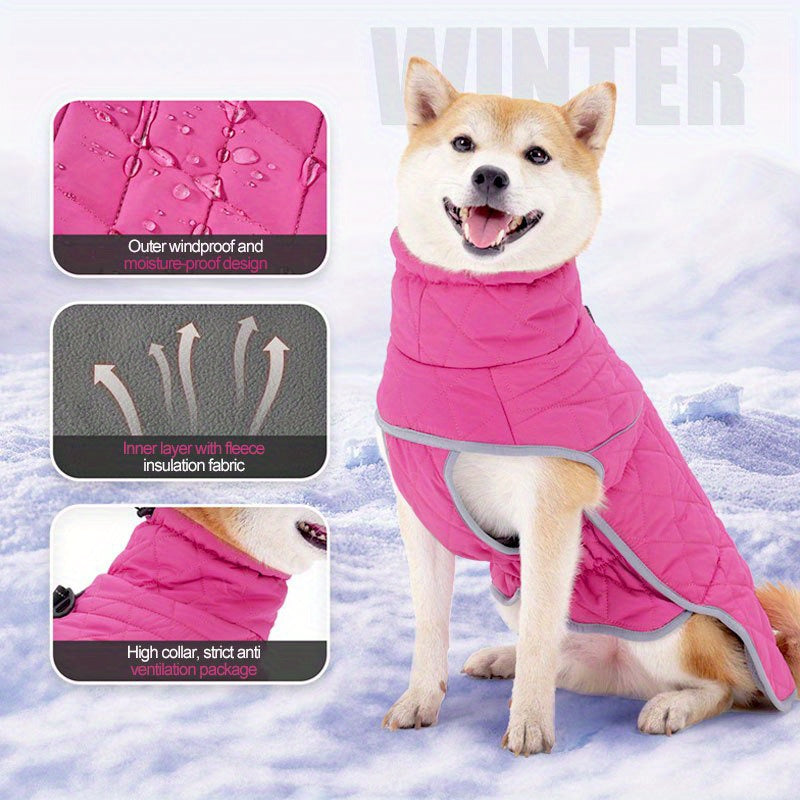 Waterproof Reflective Pink Fleece-Lined Dog Coat - Adjustable Cold-Resistant Pet Apparel with Leash Attachment - Ideal for All Breeds