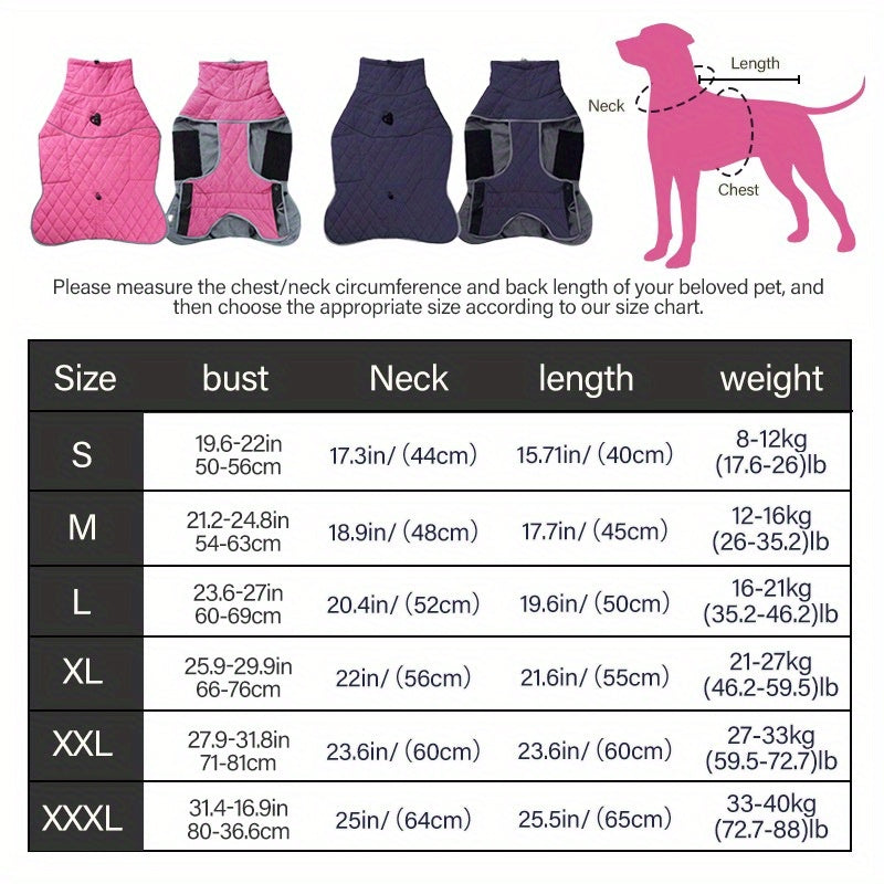 Waterproof Reflective Pink Fleece-Lined Dog Coat - Adjustable Cold-Resistant Pet Apparel with Leash Attachment - Ideal for All Breeds