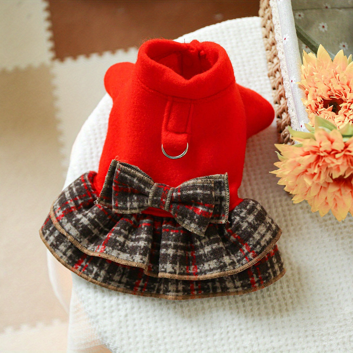 Chic Red Plaid Dog Dress with Bow - Cozy Knit Pet Apparel for Small Breeds, Perfect for Teddy, Bichon & Pomeranian - Hand Wash Only