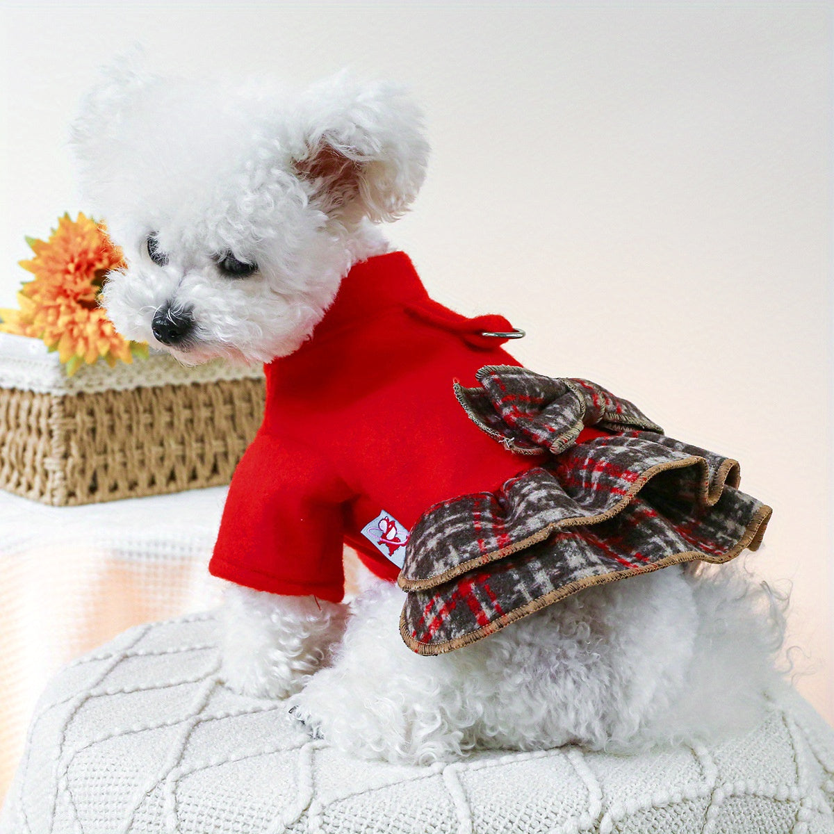 Chic Red Plaid Dog Dress with Bow - Cozy Knit Pet Apparel for Small Breeds, Perfect for Teddy, Bichon & Pomeranian - Hand Wash Only