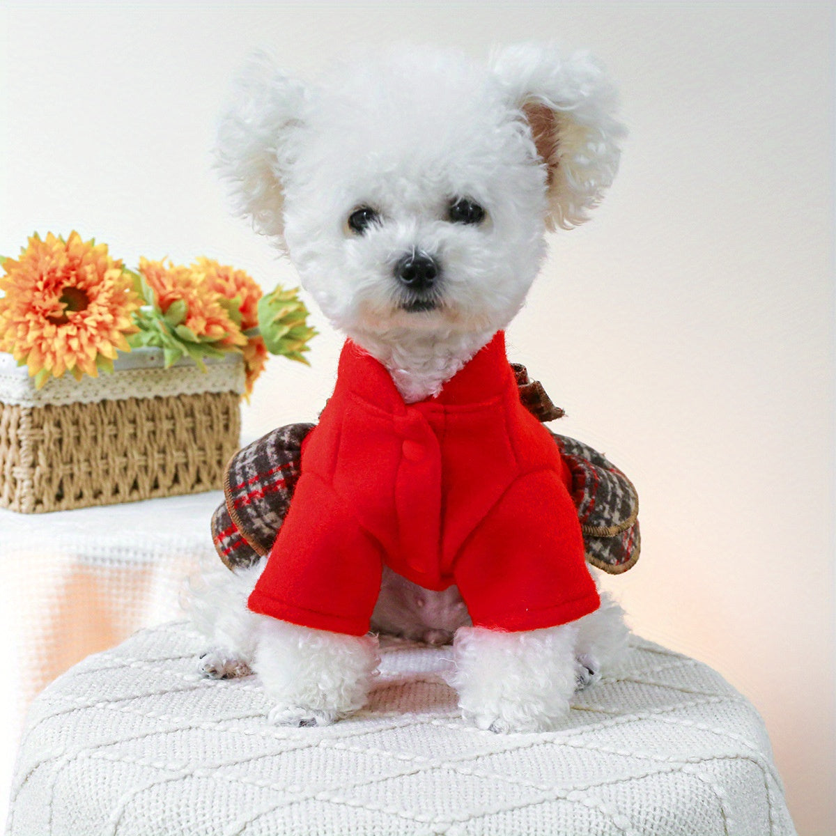 Chic Red Plaid Dog Dress with Bow - Cozy Knit Pet Apparel for Small Breeds, Perfect for Teddy, Bichon & Pomeranian - Hand Wash Only