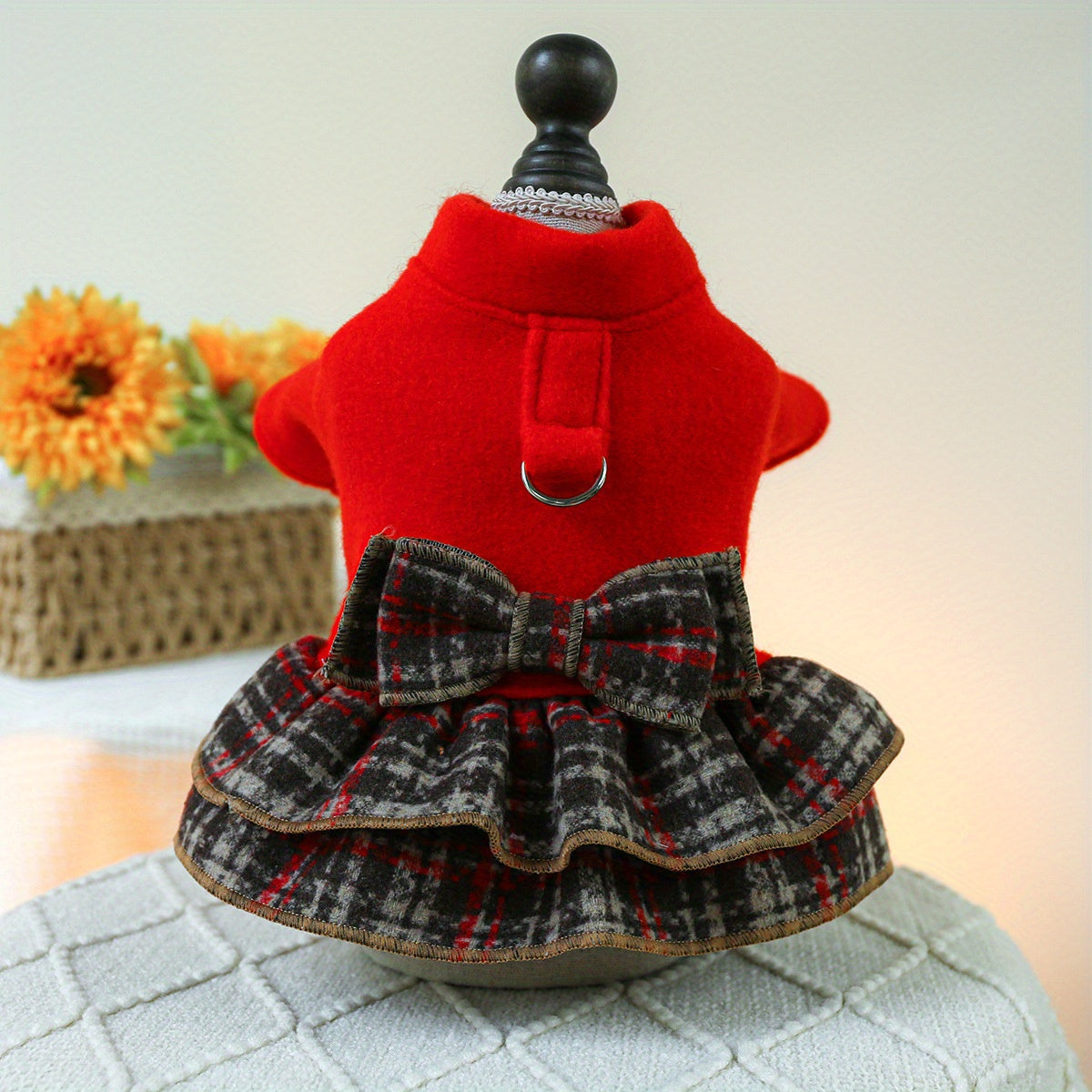 Chic Red Plaid Dog Dress with Bow - Cozy Knit Pet Apparel for Small Breeds, Perfect for Teddy, Bichon & Pomeranian - Hand Wash Only