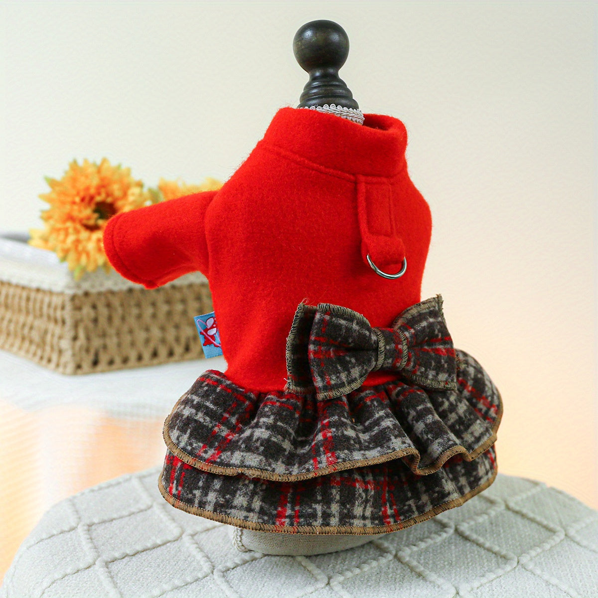 Chic Red Plaid Dog Dress with Bow - Cozy Knit Pet Apparel for Small Breeds, Perfect for Teddy, Bichon & Pomeranian - Hand Wash Only