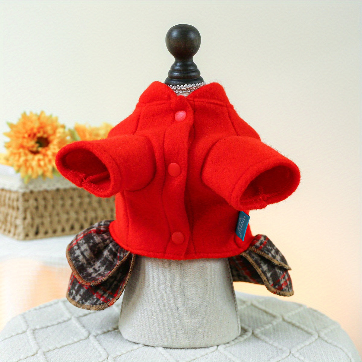Chic Red Plaid Dog Dress with Bow - Cozy Knit Pet Apparel for Small Breeds, Perfect for Teddy, Bichon & Pomeranian - Hand Wash Only