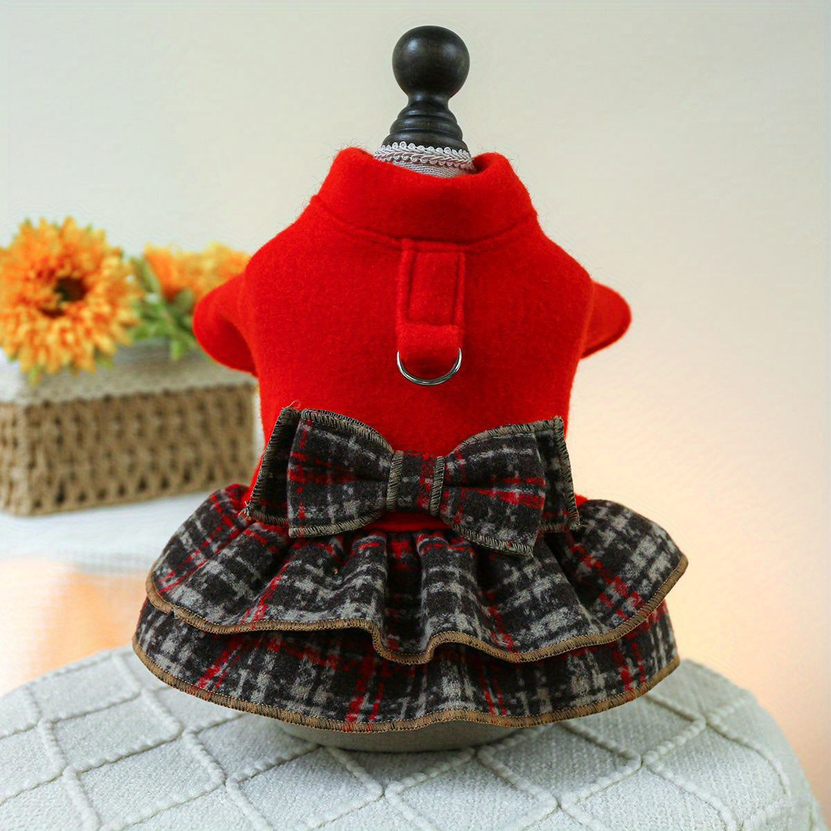 Chic Red Plaid Dog Dress with Bow - Cozy Knit Pet Apparel for Small Breeds, Perfect for Teddy, Bichon & Pomeranian - Hand Wash Only