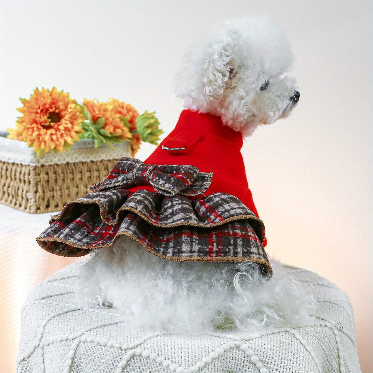 Chic Red Plaid Dog Dress with Bow - Cozy Knit Pet Apparel for Small Breeds, Perfect for Teddy, Bichon & Pomeranian - Hand Wash Only