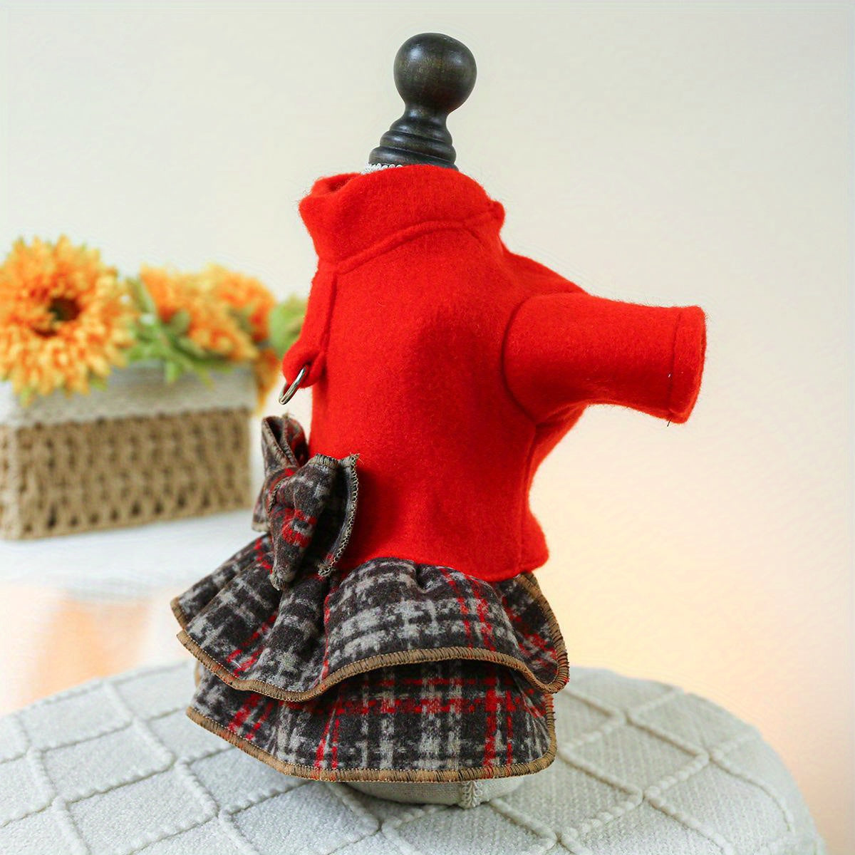 Chic Red Plaid Dog Dress with Bow - Cozy Knit Pet Apparel for Small Breeds, Perfect for Teddy, Bichon & Pomeranian - Hand Wash Only