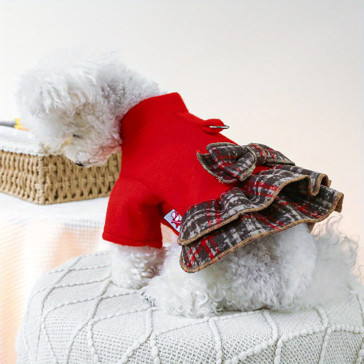 Chic Red Plaid Dog Dress with Bow - Cozy Knit Pet Apparel for Small Breeds, Perfect for Teddy, Bichon & Pomeranian - Hand Wash Only