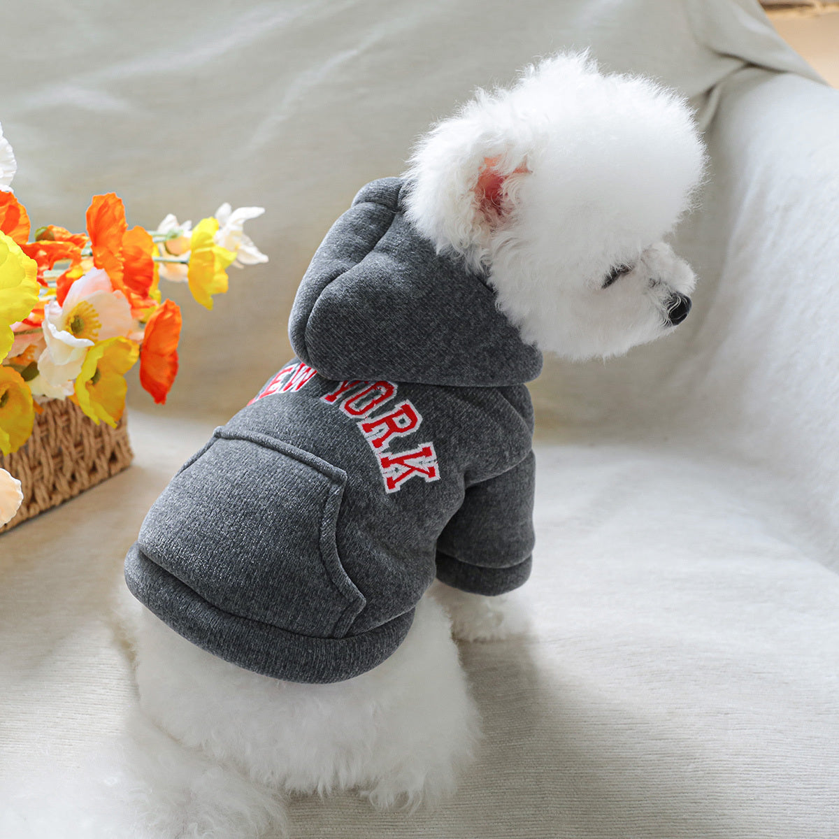 New York Hoodie Pet Coat, Thickened Grey Sweater for Dogs, Warm Winter Wear for Small Breeds, Polyester Knit with Hook & Fabric, Button Closure, Pet Apparel Accessories