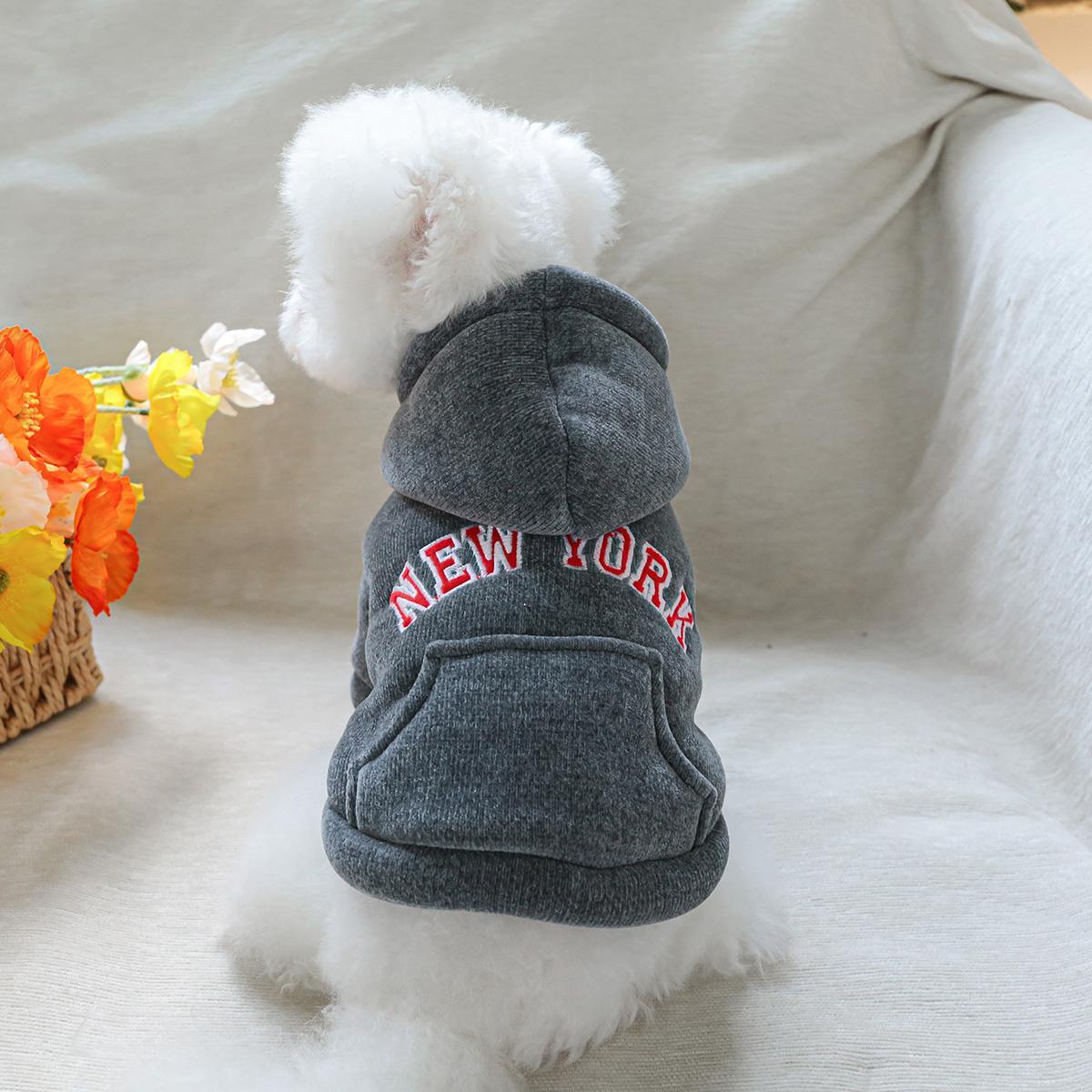 New York Hoodie Pet Coat, Thickened Grey Sweater for Dogs, Warm Winter Wear for Small Breeds, Polyester Knit with Hook & Fabric, Button Closure, Pet Apparel Accessories