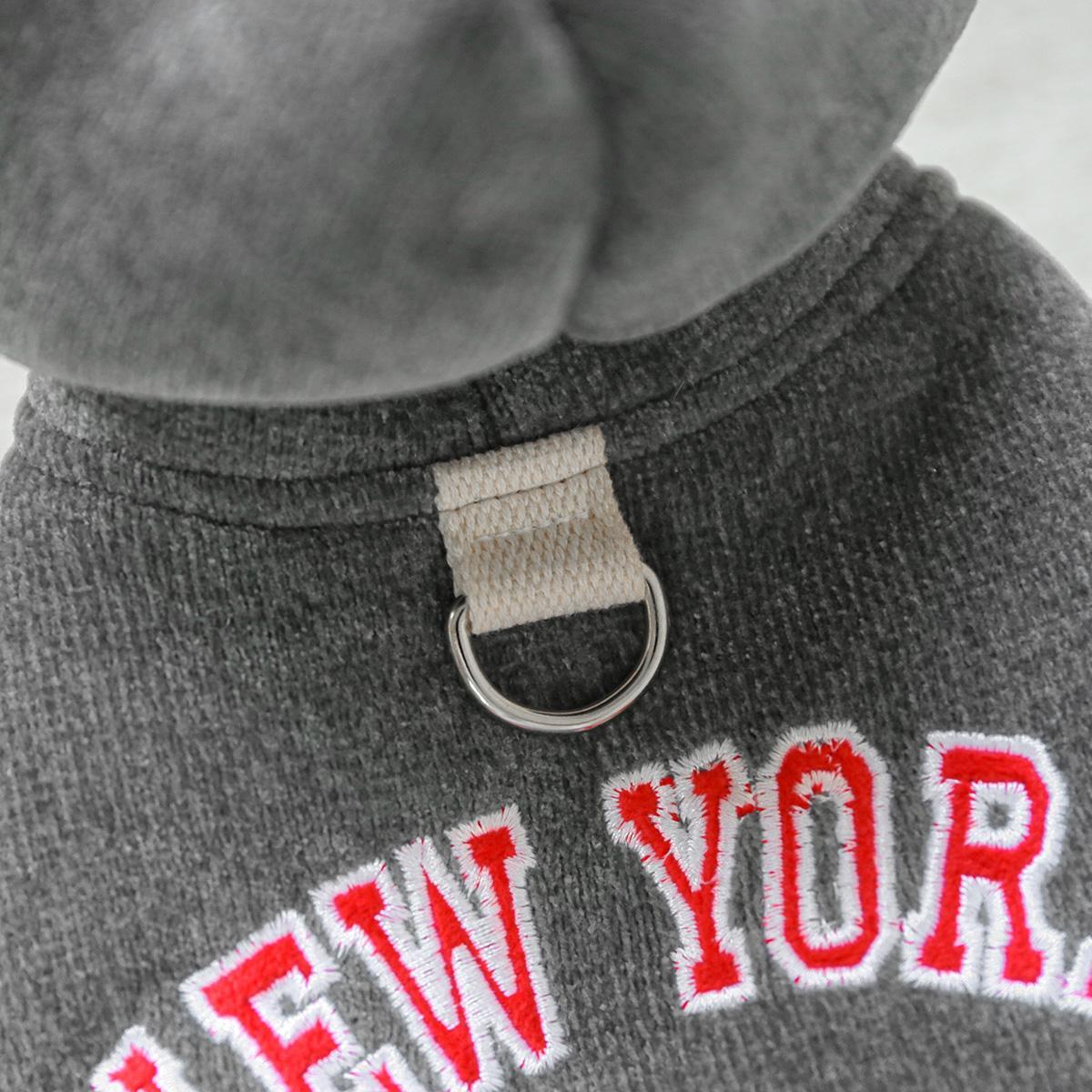 New York Hoodie Pet Coat, Thickened Grey Sweater for Dogs, Warm Winter Wear for Small Breeds, Polyester Knit with Hook & Fabric, Button Closure, Pet Apparel Accessories