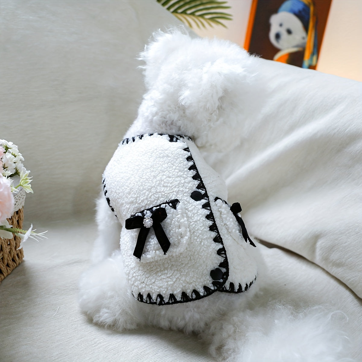 Polyester Knit Small Dog Vest Sweater Coat - Bow Detail, Press Stud Closure - Pet Apparel for Bichon Frise, Pomeranian, Schnauzer, Teddy Breeds - Winter and Fall Clothing