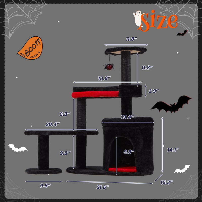1pc Gothic Iron Cat Tree Tower with Scratching Post, Coffin Bed, and Playhouse - Durable Sisal Rope for Indoor Cats - Halloween-Themed Pet Furniture