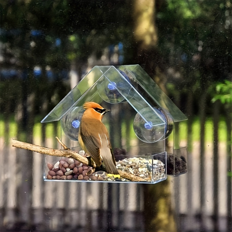 Transparent Acrylic Bird Cage & Feeder - Wall-Mounted /Indoor bird aviary with Hanging Roof, Design, Easy-Clean - Attracts Birds with Clear Visor - for Small Birds, Sparrows, Finches, Robins - Pet bird housing & feeding stati